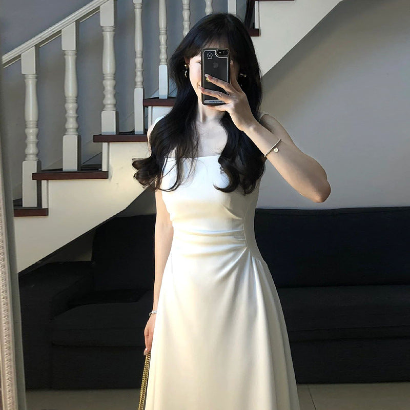 French Style Waist-controlled White Strap Dress - WOMONA.COM