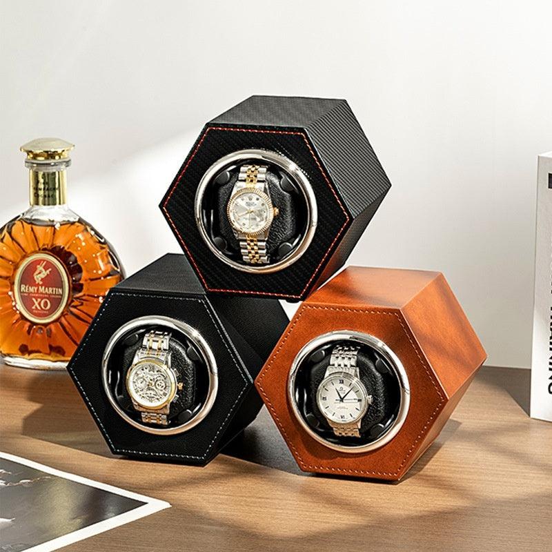 Mini watch winder box set of three with round watch windows in black and brown