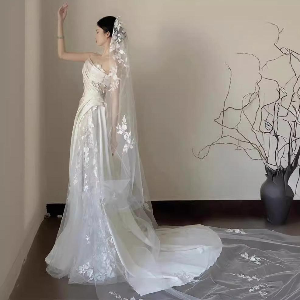 Satin Lace Wedding Veil Tube Top Fishtail Wedding Dress - WOMONA.COM