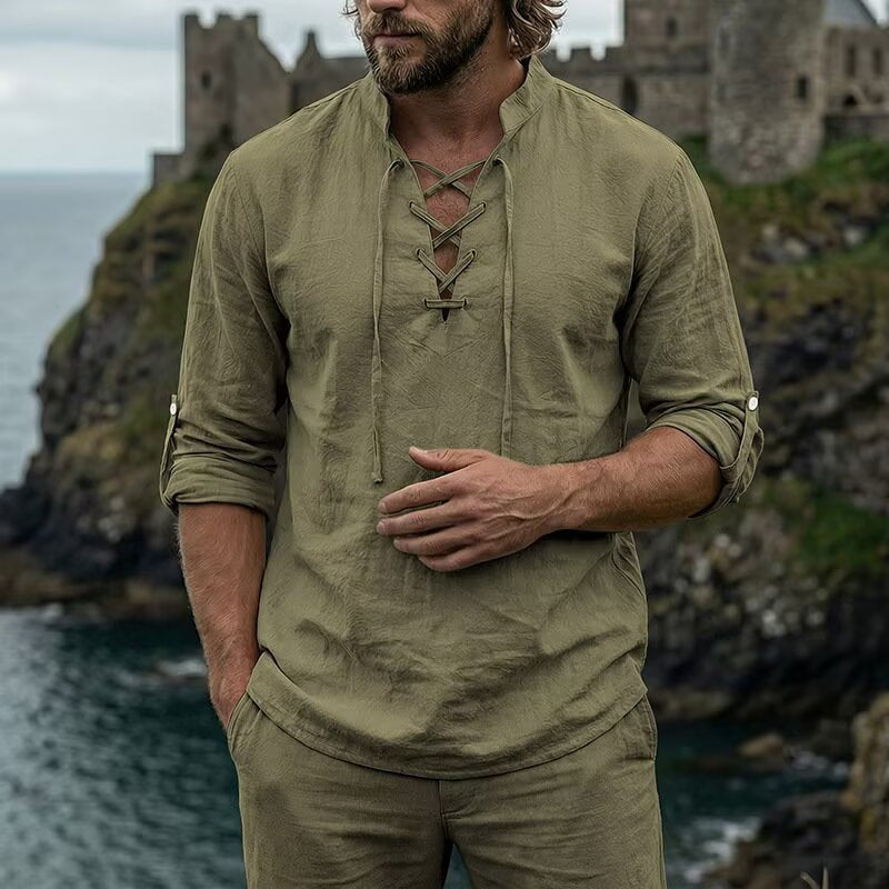 Men's olive solid long-sleeve shirt, lace-up V-neck with toggles