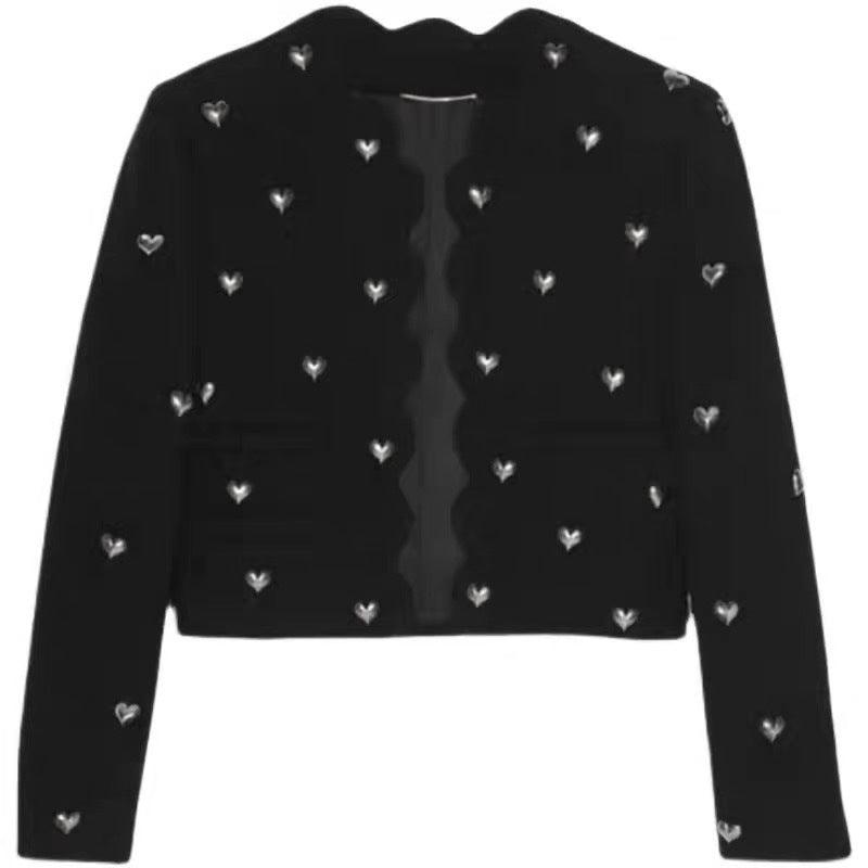 Black cropped jacket with scattered heart motifs, button front