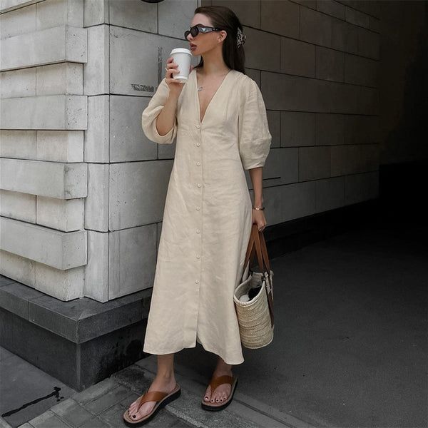 Women's Fashion Casual Cotton Linen V-neck Puff Sleeve Dress - WOMONA.COM