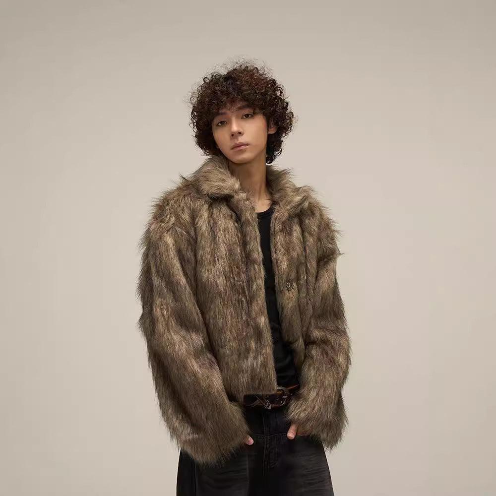 Khaki fur jacket with tall collar, open front, long sleeves in textured shaggy fur