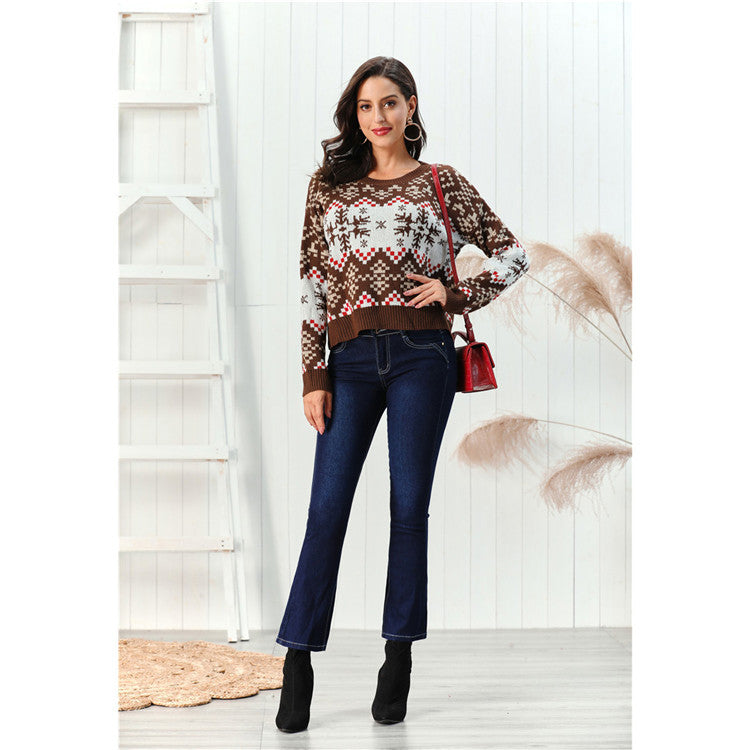 Christmas Pullover Round Neck Snowflake Sweaters Women's - WOMONA.COM