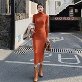 Fleece-lined Knitting Dress Turtleneck Slim Fit Long Dress - WOMONA.COM