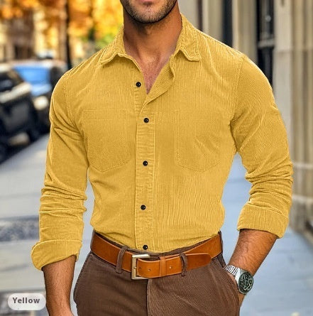 Men's Button Leisure Corduroy Shirt Long Sleeve Solid Color Polo Collar