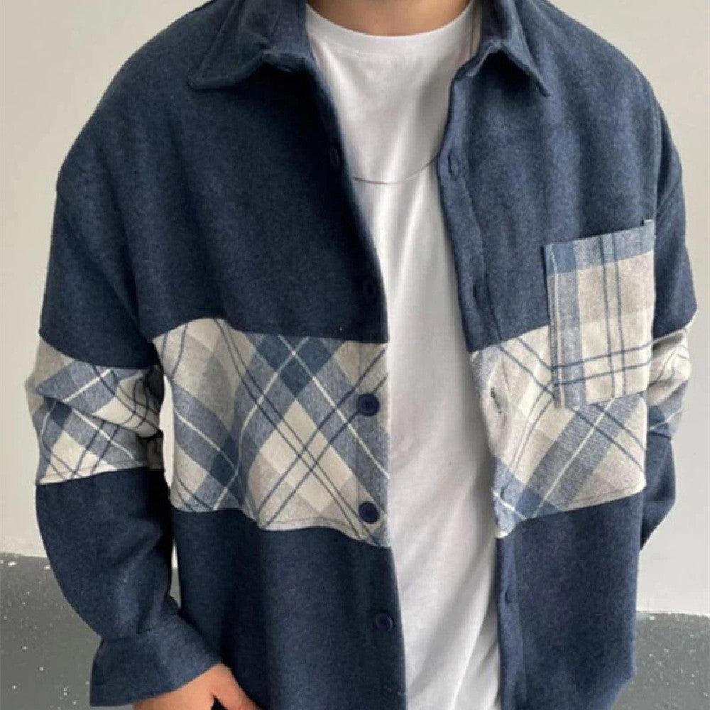 Men's button-up jacket in dark blue with gray-and-white plaid panels