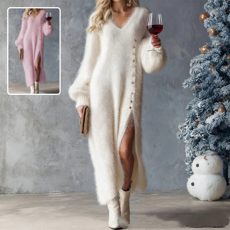Women's V-neck button-detail slit dress