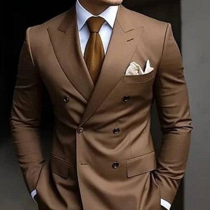 Men's printed suit jacket, tan double-breasted style with notch lapels and chest pocket