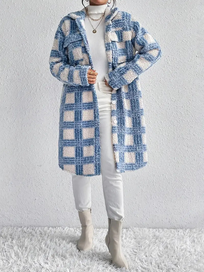 Sky blue plaid long jacket with flap pockets and button-front, hooded collar