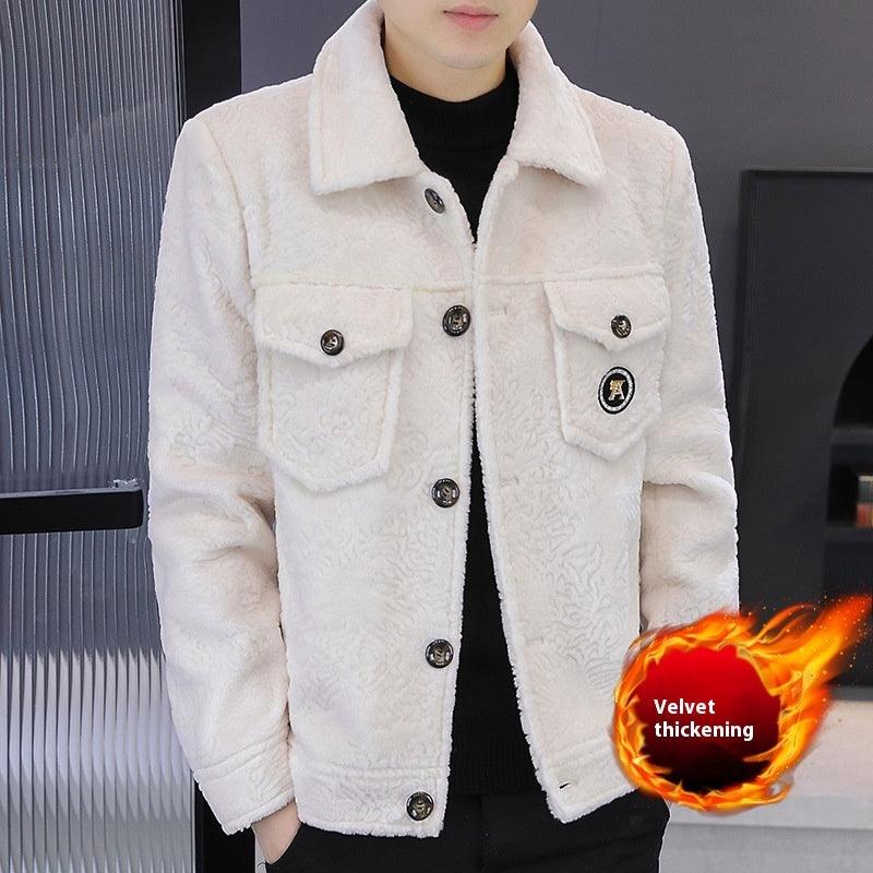 Men's fleece-lined short coat, off-white textured fleece, button-front and two chest flap pockets