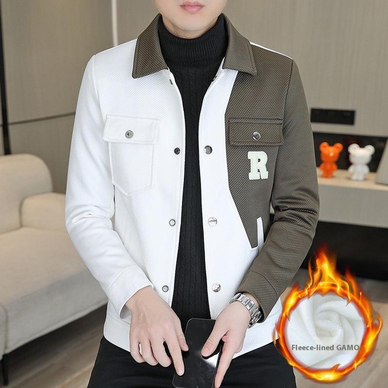 Men's white and dark olive colorblock jacket with snap buttons and chest patch pockets