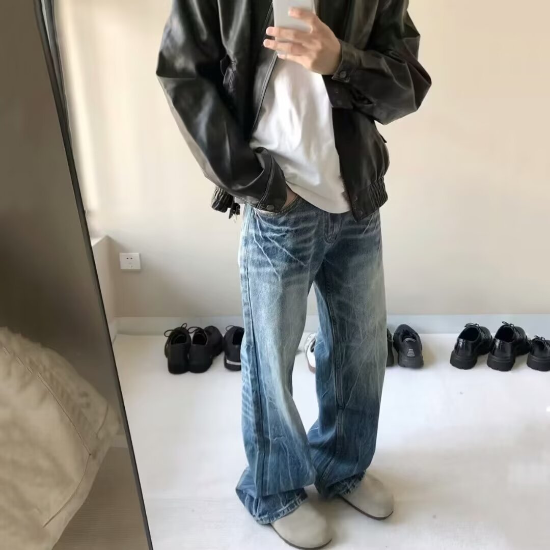 Men's Loose Washed Blue Jeans