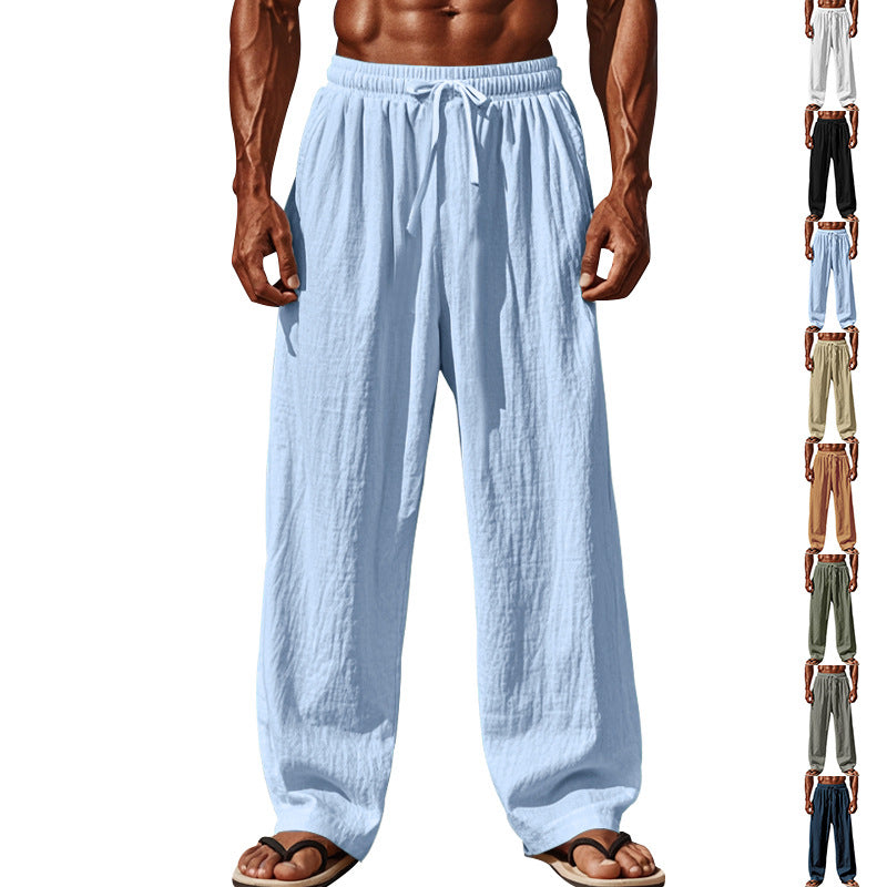 Men's linen-cotton loose-fit casual pants in light blue, drawstring waist, relaxed legs