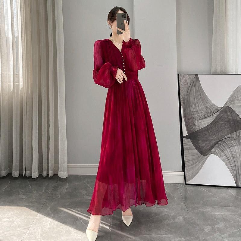 Women's Rose Red Lantern Sleeve Beach Dress