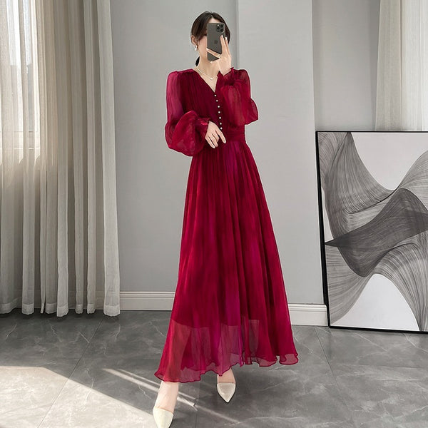 Waist-tight Elegant Lantern Sleeve Beach Vacation Rose Red Dress - WOMONA.COM