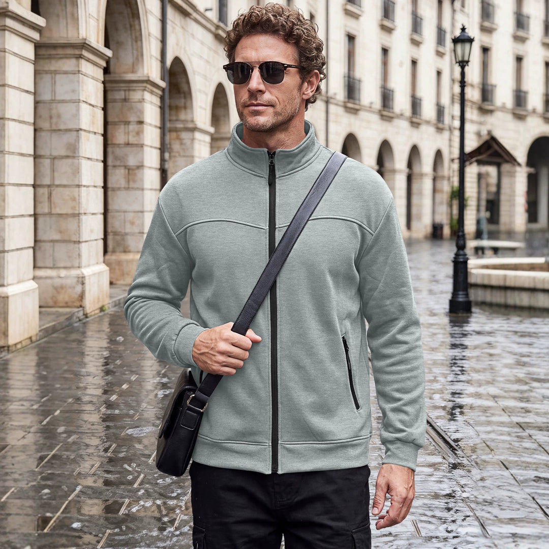 Light green long-sleeve full-zip cardigan jacket with stand collar and side zip pocket.