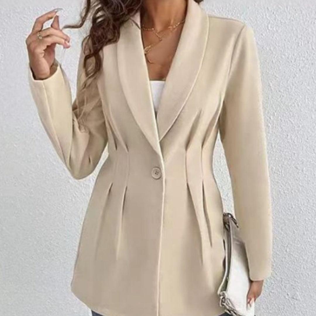 Beige women's slim-fit long-sleeve coat with notched lapel and button front