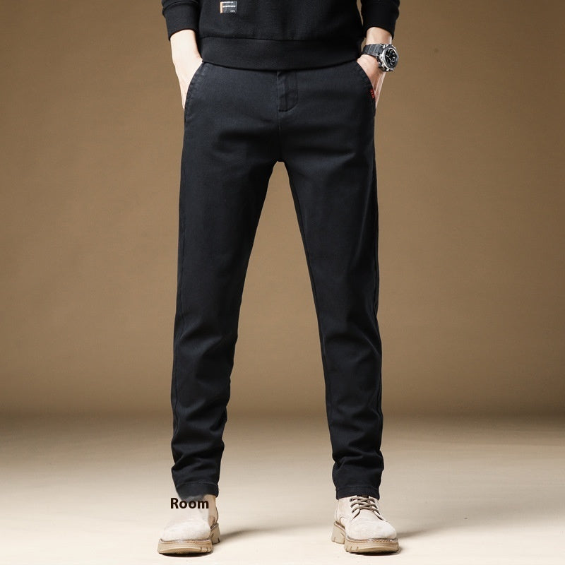 Men's black fleece-lined casual pants with straight legs and front button closure