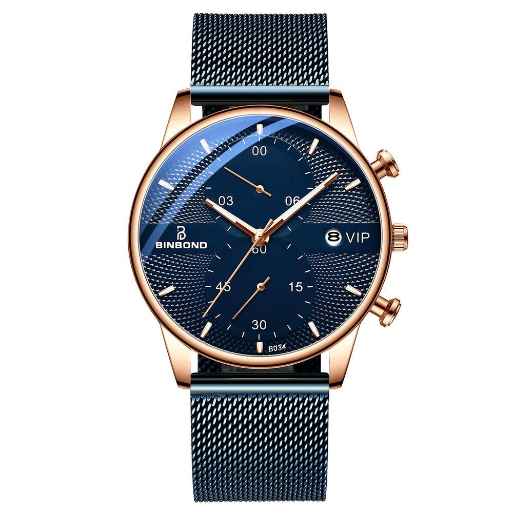 Rose-gold analog watch with blue dial and dark blue metal mesh strap