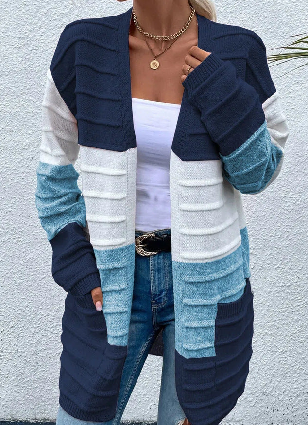 Long Striped Color Matching Cardigan - WOMONA.COM