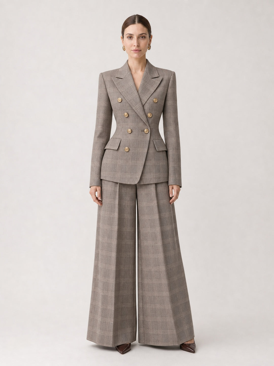 Women's Taupe Plaid Double-Breasted Two-Piece Suit