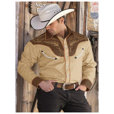 Men's long-sleeve button-up shirt, tan with gold-toned floral embroidery and piping