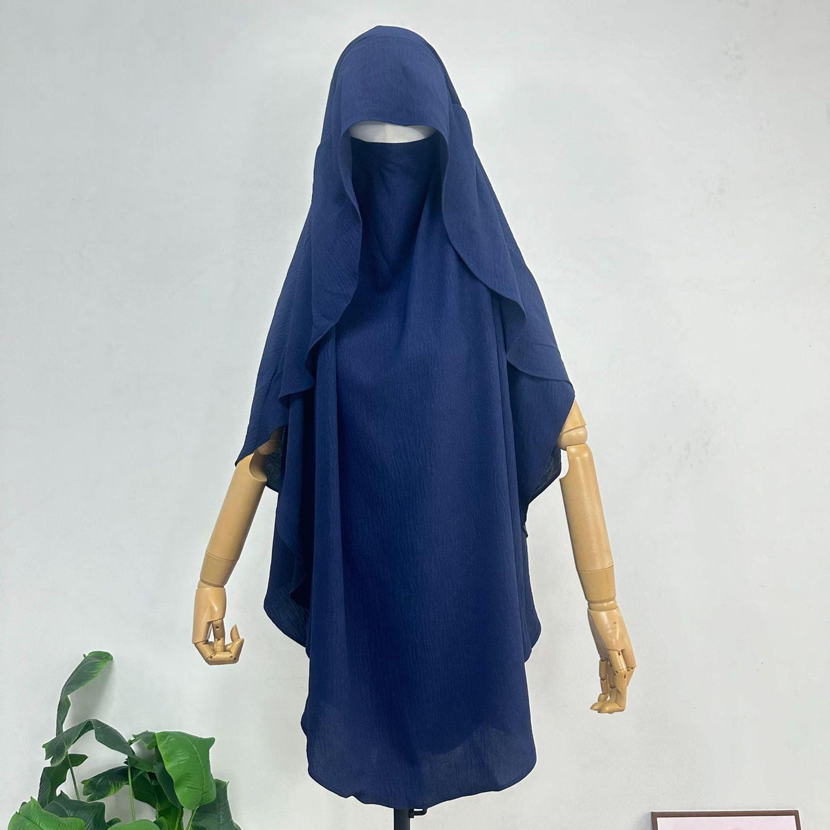 Women’s draped scarf shawl cover with hooded neckline, navy blue shade