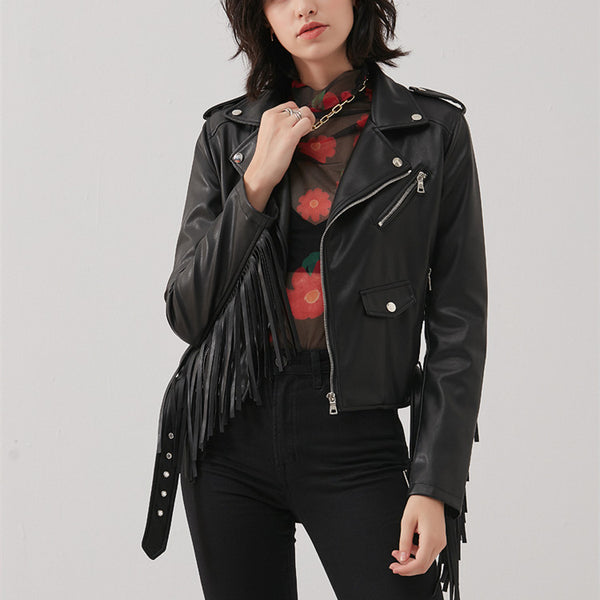 New Women's Tassel Short Slim Leather Jacket - WOMONA.COM