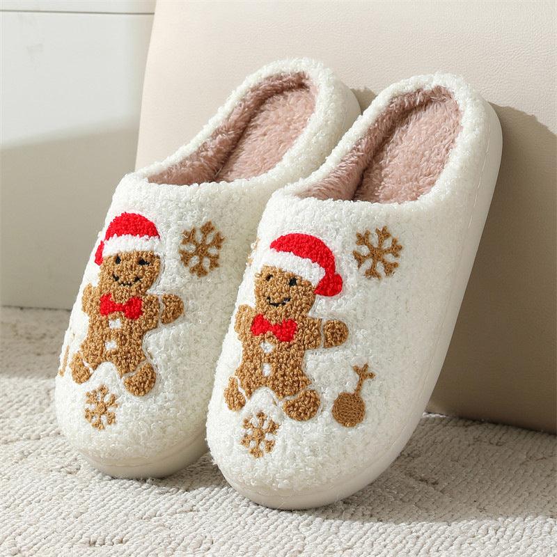 Cream gingerbread slippers with fuzzy lining and embroidered red-hat gingerbread and snowflakes