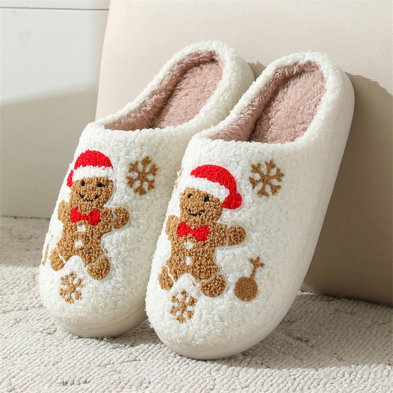 Pantuflas de jengibre con copos de nieve navideños para mujer, pantuflas de invierno antideslizantes para interiores, para dormitorio, pantuflas de casa peludas