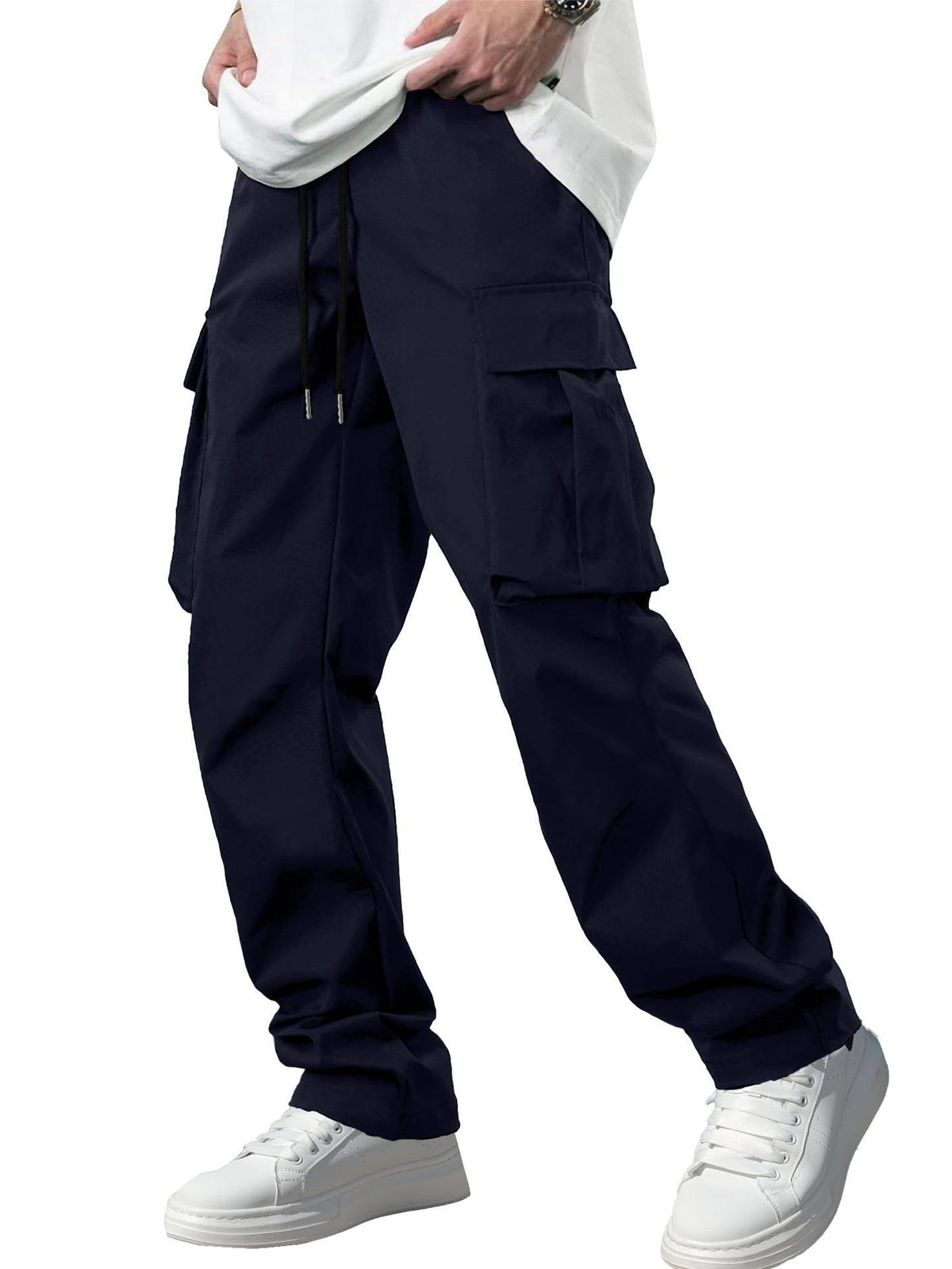 Men’s navy blue cargo pants with drawstring waist and multiple side pockets