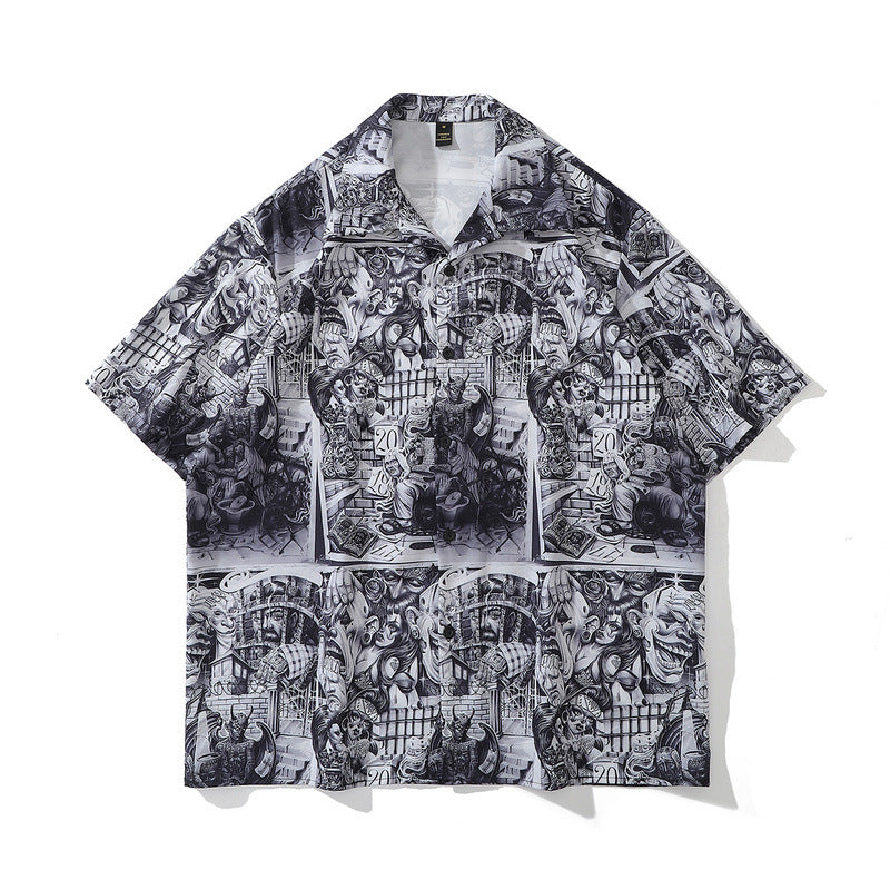 High Street Retro Full Print Short-sleeved Shirts For Men And Women - WOMONA.COM