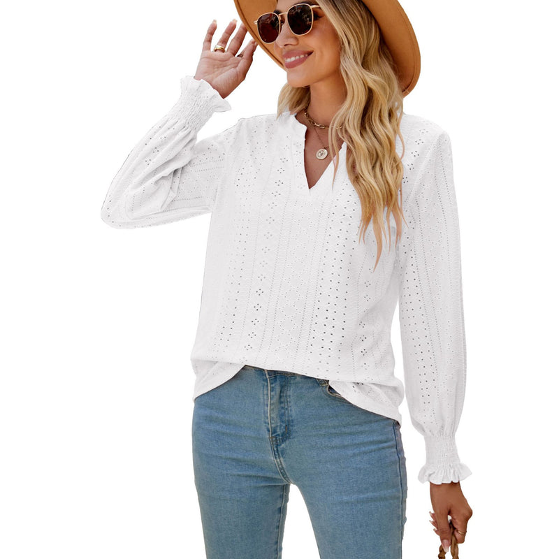 Solid Color Hollow-out Pleated Ruffle Shirts - WOMONA.COM