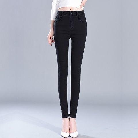 Women’s high-waist elastic jeans, black denim, front view with slim straight legs