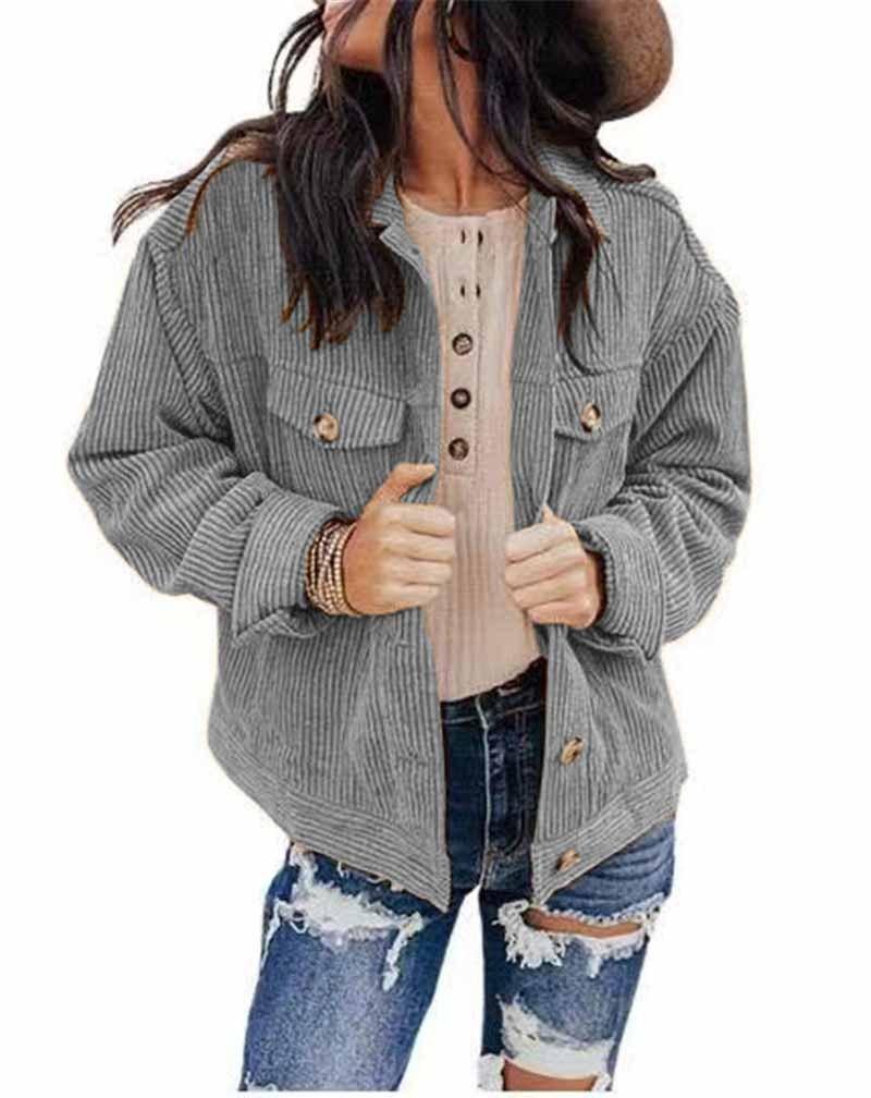 Women's solid color jacket in grey, button front with chest pockets and snap cuffs