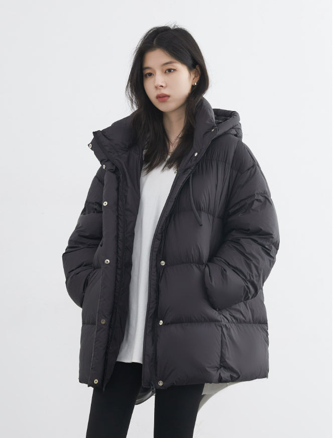 Black puffer coat with hood, quilted design, front button closure