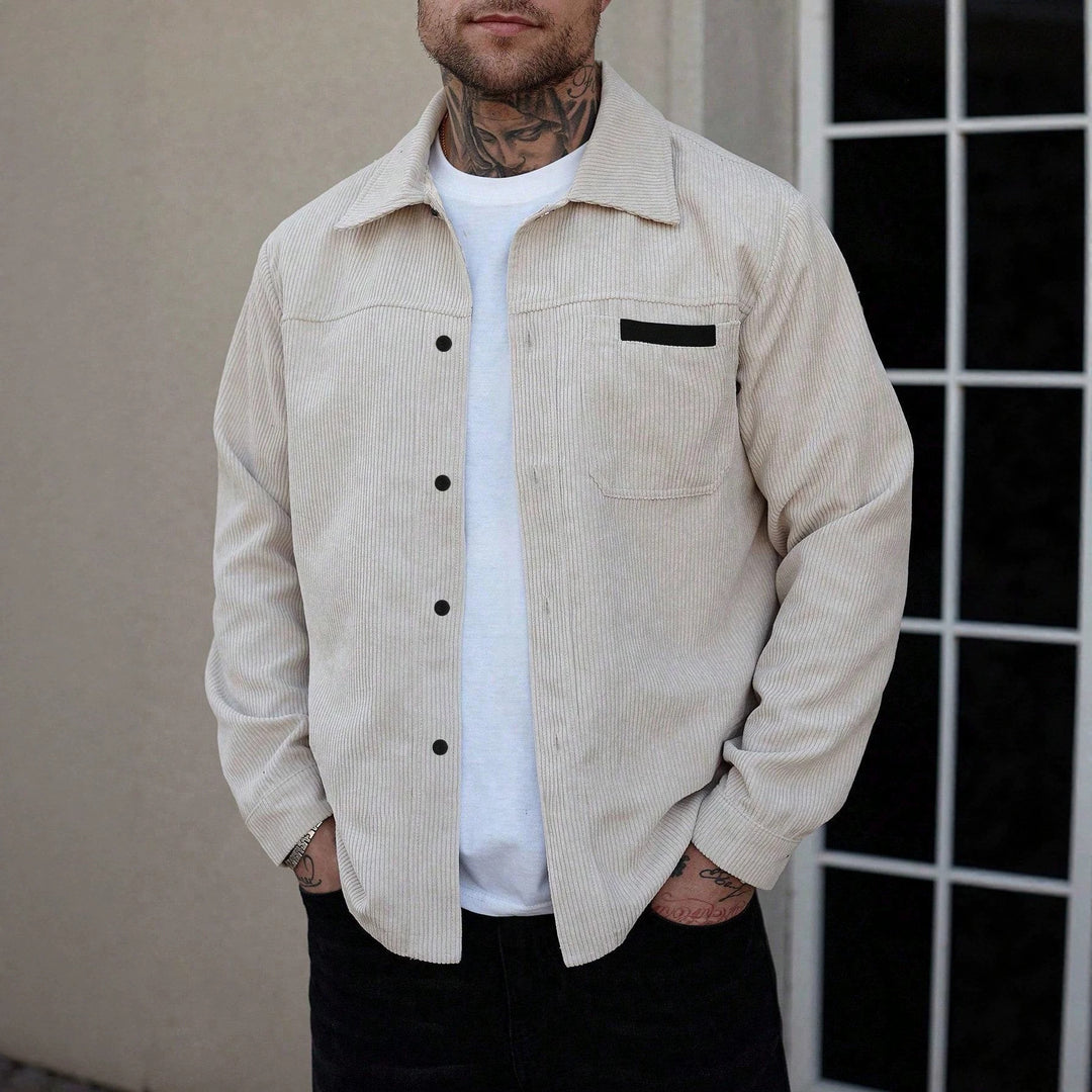 Men's corduroy shirt jacket in apricot, snap-front with chest pocket and stand collar