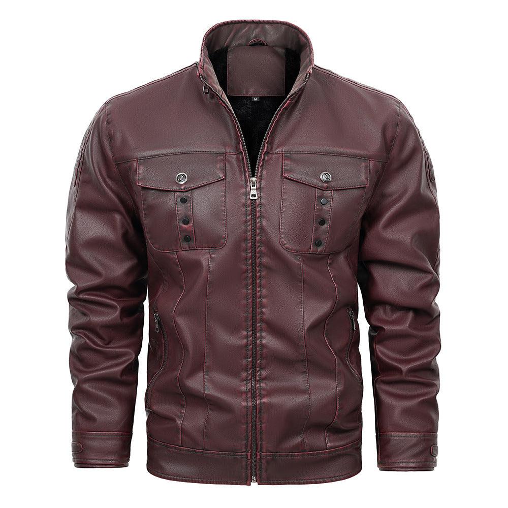 Men's wine red zip-up jacket with two chest pockets and stand collar