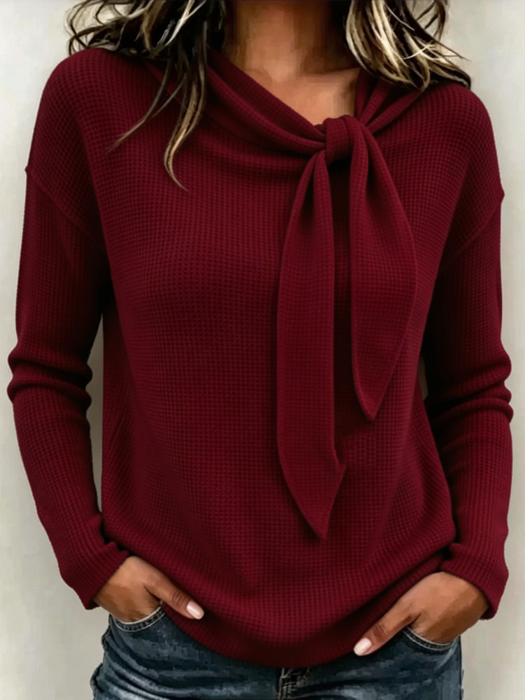 Dark red knitted long-sleeve top with bow-knot neckline tie
