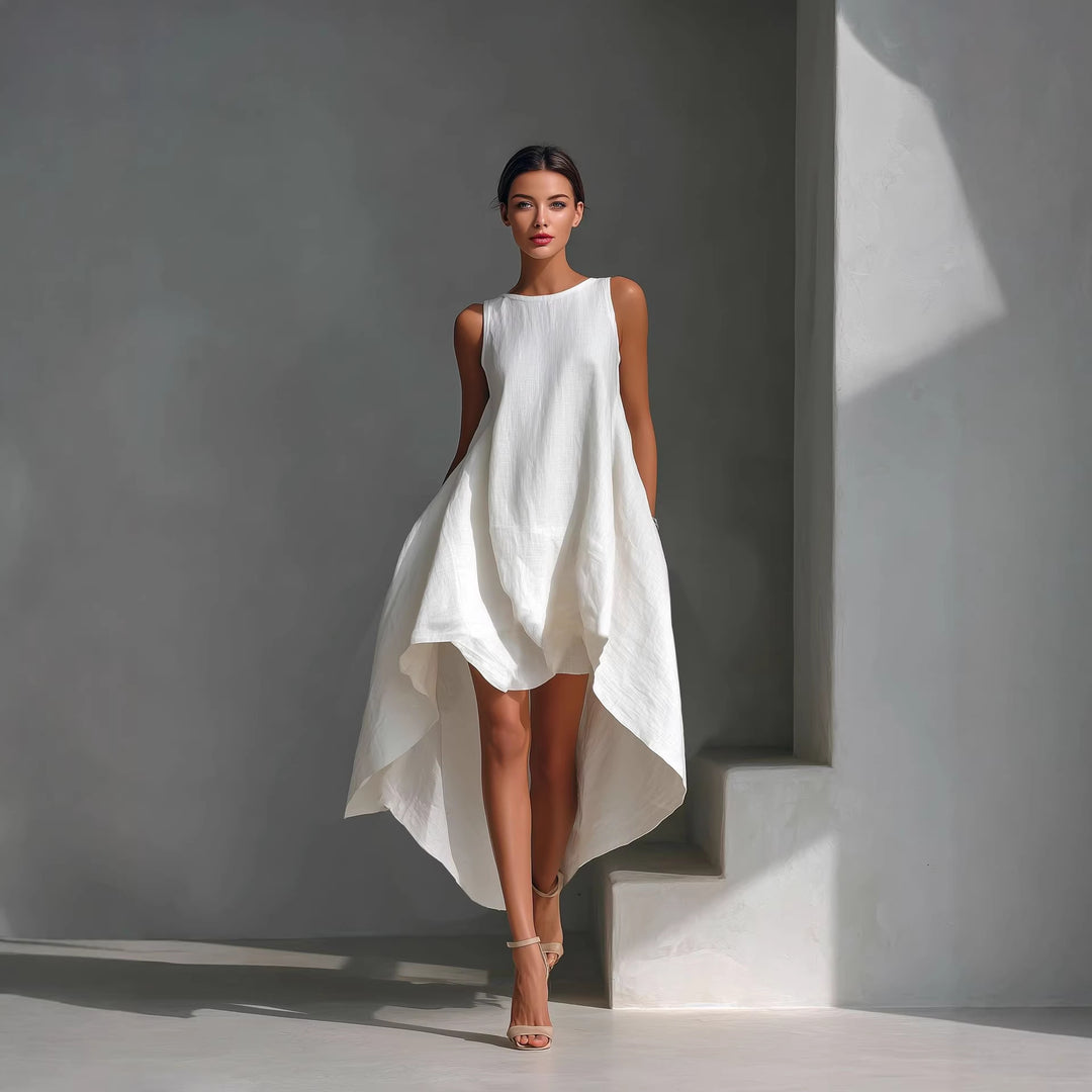 White sleeveless dress with irregular high-low hem and draped, flared skirt