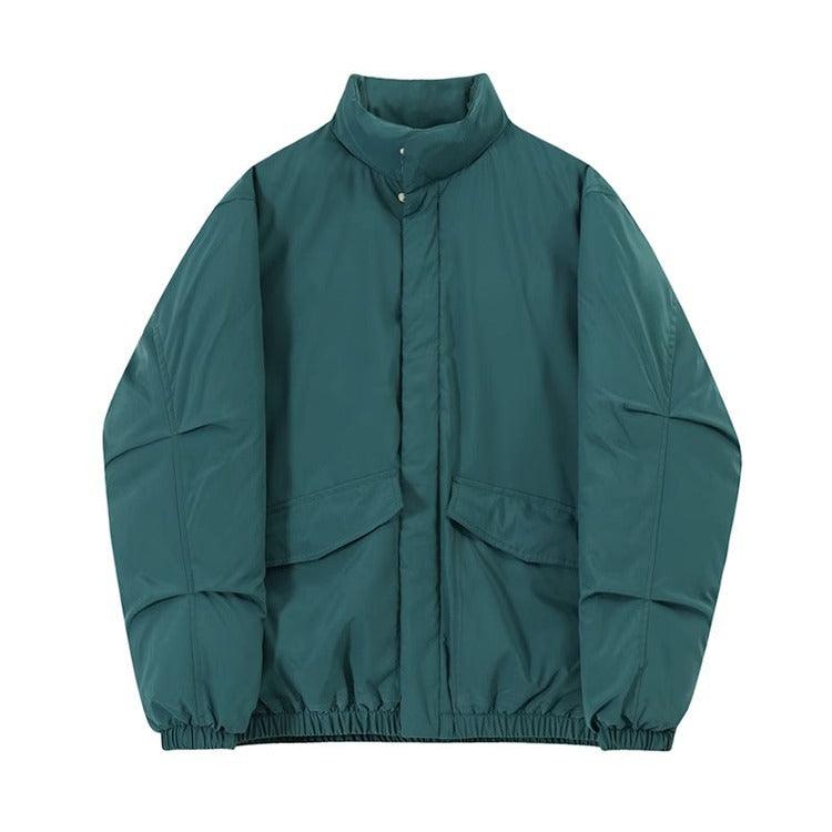 Green padded stand-collar coat with button placket and flap chest pockets