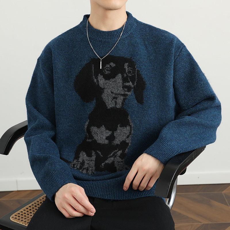 Men's navy blue crewneck sweater with black dog graphic and ribbed cuffs