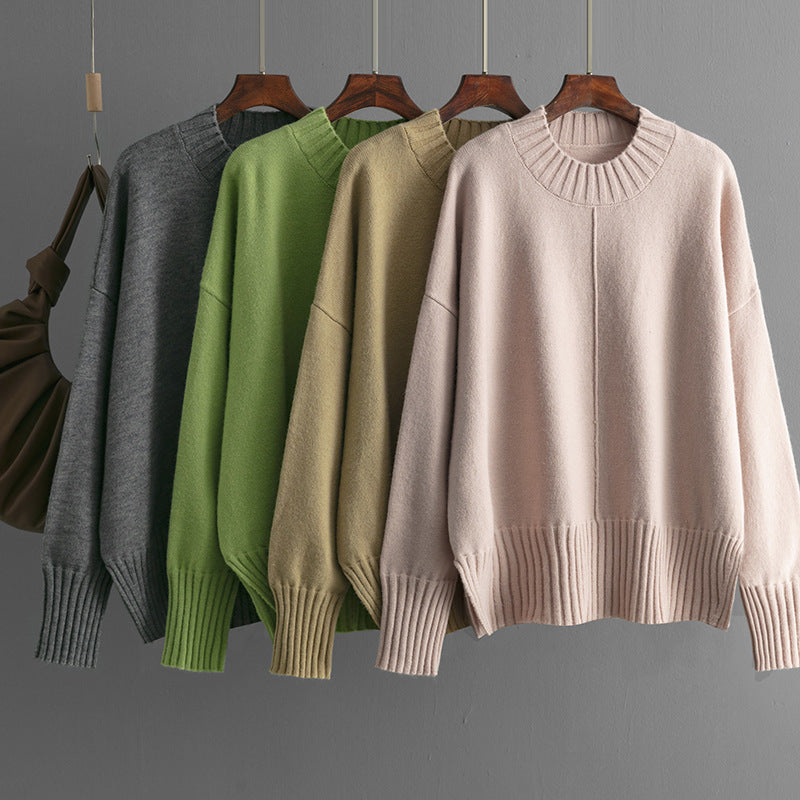 Round Neck Sweater Women's Pullover Sweater Long Sleeve - WOMONA.COM