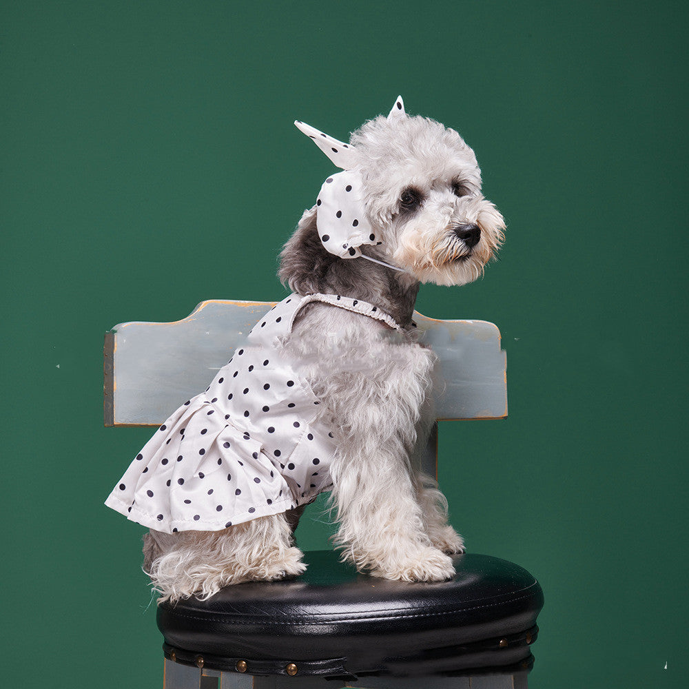 Small dog suspender dress, white with black polka dots, ruffled skirt and straps