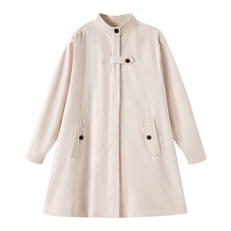 Women's khaki coat with stand collar, button front, and patch pockets
