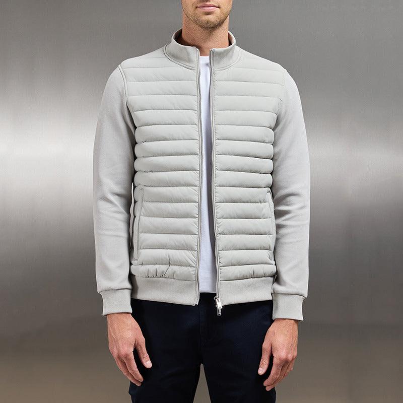 Light gray stand-collar quilted knitted jacket with zip front and ribbed cuffs