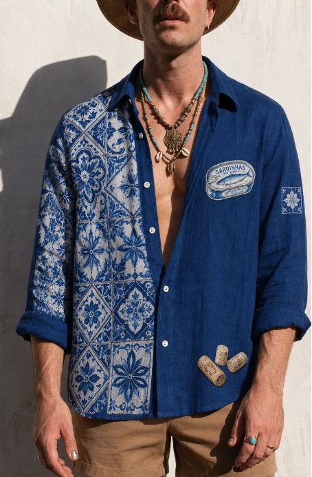 Blue oversized shirt with Portuguese tile print panel, button front, chest logo patch