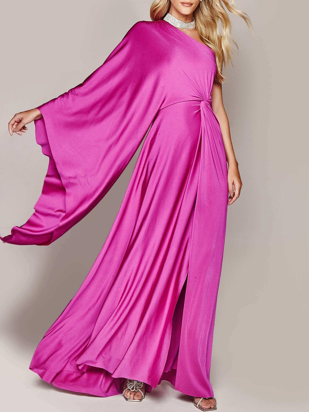 Rose one-shoulder twist maxi dress with draped sleeves and side slit, flowing pleated skirt