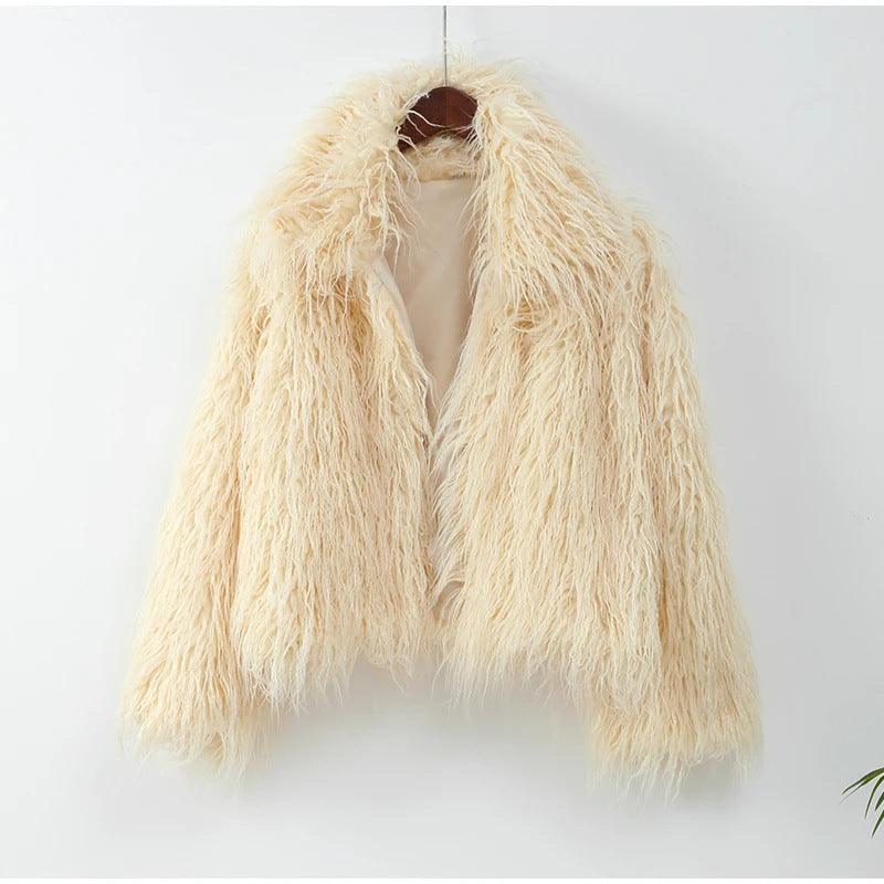 Beige faux fur short coat, long sleeves, open front with V-neck